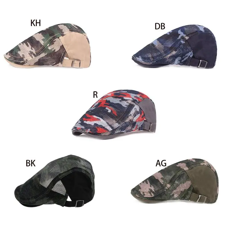 

Men Women Colored Camouflage Duckbill Beret Cap Hollow Breathable Mesh Summer Adjustable Cabbie Newsboy Driving Hunting Flat Hat