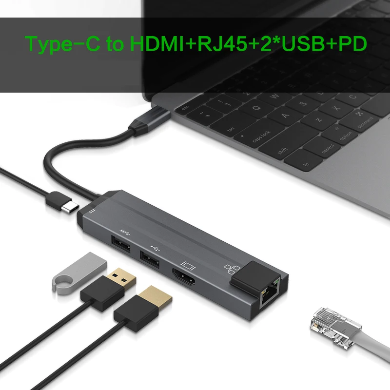 5 в 1 тип-c многофункциональная док-станция Usb3.0 Usb2.0 порт Hdmi 1080P концентратор Rj45 100 Мбит сетевой порт с Pd зарядное устройство для Macbook