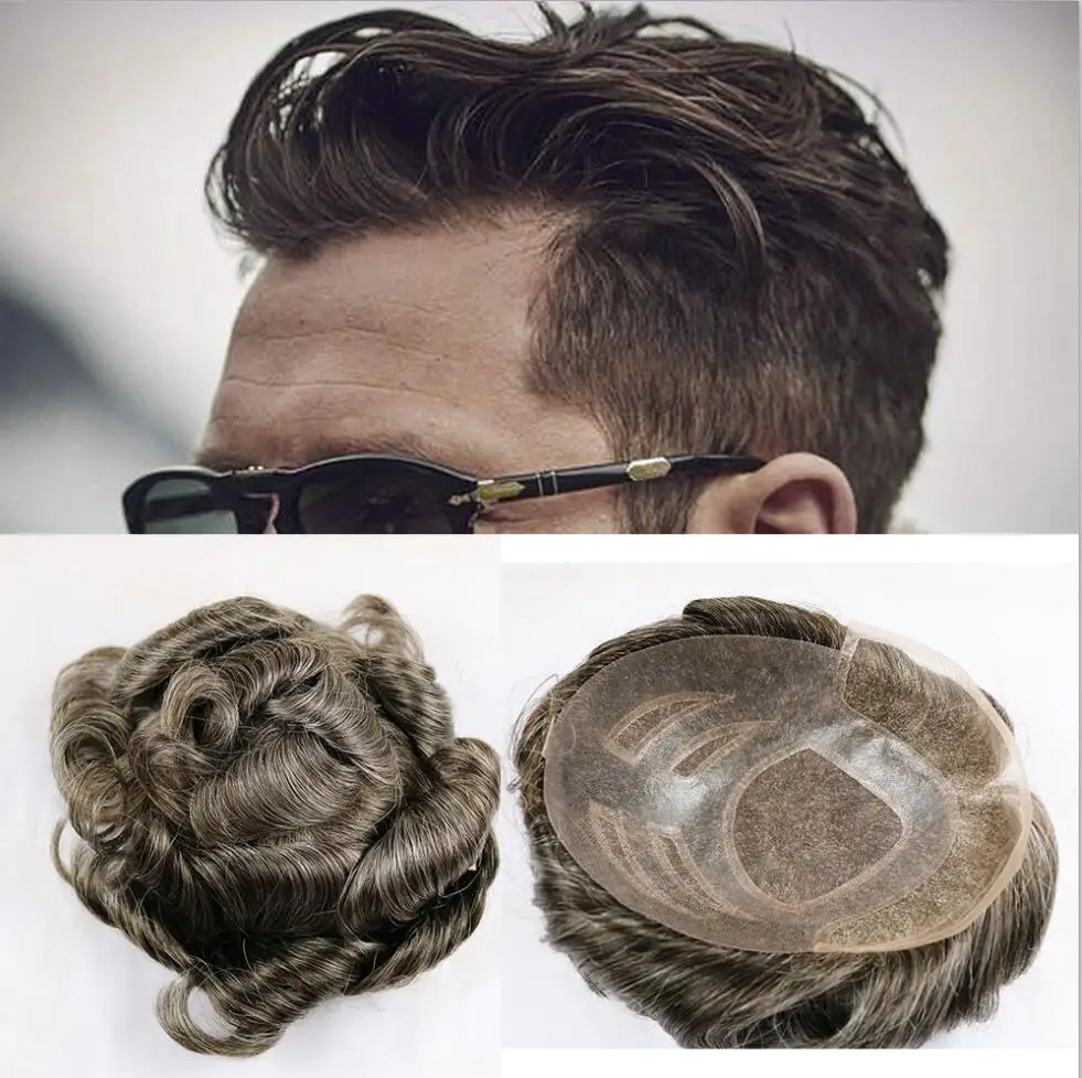 

France Lace With Thin Skin Toupee Curly Brown And Grey Color Remy Human Hair Toupee For Men