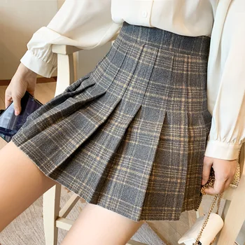 

2020 Autumn & Winter New Arrival A-line Skirt Plaid Print Woolen Pleated Skirt High Waist Short Woolen Skirt Free Shipping