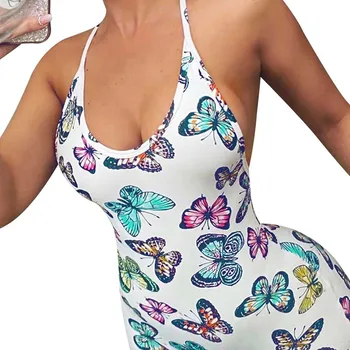 

Butterfly Print Halter Sports Jumpsuit Pleated Fitness Sportswear Sleeveless Summer Ladies Jumpsuit