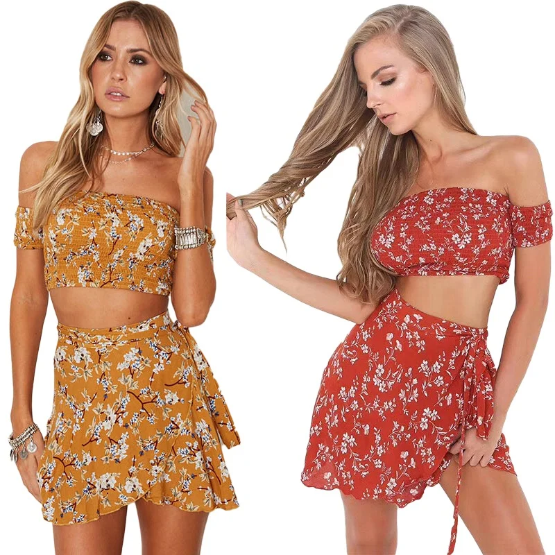 Летние сексуальные комплекты с открытыми плечами цветочный принт пляжный