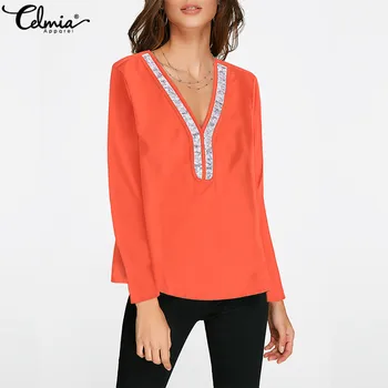 

Celmia 2020 Stylish Tops Women Sequins Blouse Autumn Sexy V Neck Long Sleeve Shirt Loose Casual Work Blusas Femininas Plus Size