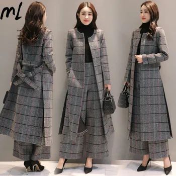 

Two-piece Wide-leg Pants Suit Autumn Winter Womens Casual Pantsuit Office Lady Plaid Long Sleeve Cardigan Two-piece Pants Suits