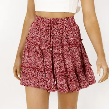 

Elegant Womail Bohe Polka Dot Skirt Women Summer 2020 New Fashion Bohe High Waist Ruffled Floral Print Beach Short Skirt #4.13