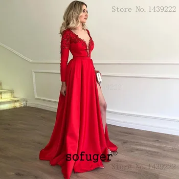 

Red Girl Satin V Neck Beads Appliques High Slit Evening Dresses Prom Long High Slit Arabic Special Occasion Robe De Soiree Plus