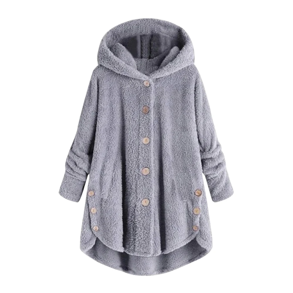OEAK зимнее леопардовое пальто модное женское однотонное пальто на пуговицах с капюшоном плюшевое пальто женская теплая куртка повседневные толстовки - Цвет: light gray