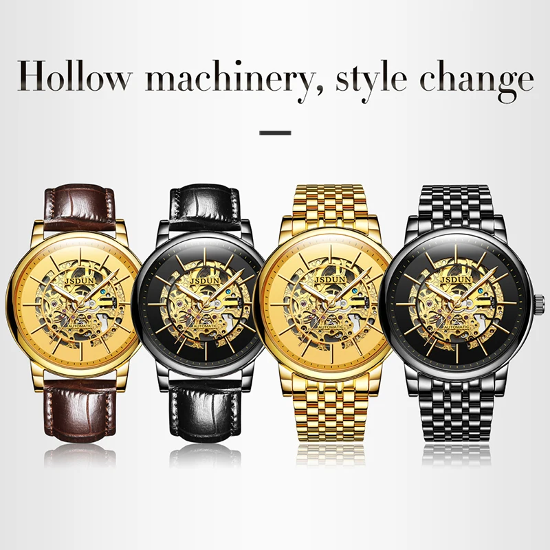 

Hollow Waterproof Men's Automatic Mechanical Watch JSDUN Luxury Brand Luminous Real Leather Watches Relogio Masculino