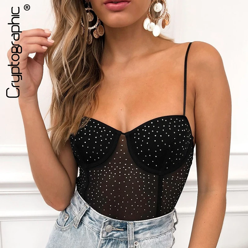 

Cryptographic Diamond Dots Mesh Bodysuits Party Clubwear 2020 Summer Backless Straps Bodysuit Female Body Rompers See Through
