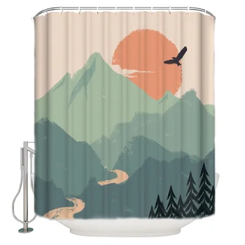 

Mountain Peak Flowing Water Sunrise Eagle Woods Shower Curtain Waterproof Curtains Polyester Bath Curtain