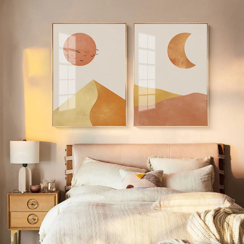 

Simple Nordic Morandi color abstract mountain sun moon mural poster picture print canvas porch decorative painting
