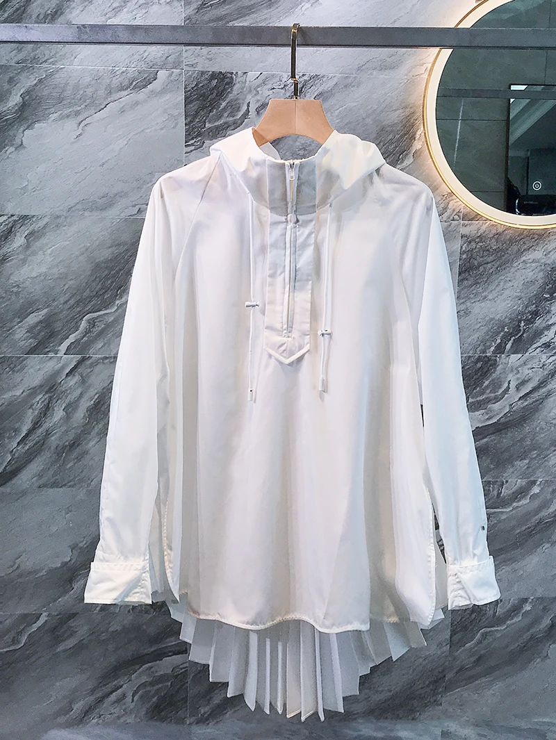 Neploe 2020 Korean Hooded Blouse Top Fashion Long Sleeve Sunscreen Blouses Coat Clothes Women Spring Pleated Blouse Jacket 57144
