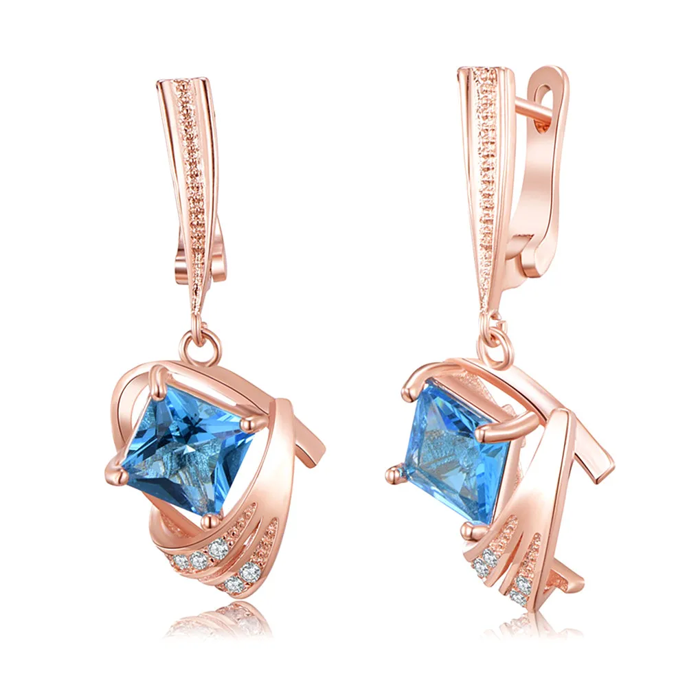 

Женские серьги-капельки с голубым кристаллом, аквамарином, Цирконом, бриллиантами, розовое золото, клипсы, ювелирные изделия, бижутерия на подарок