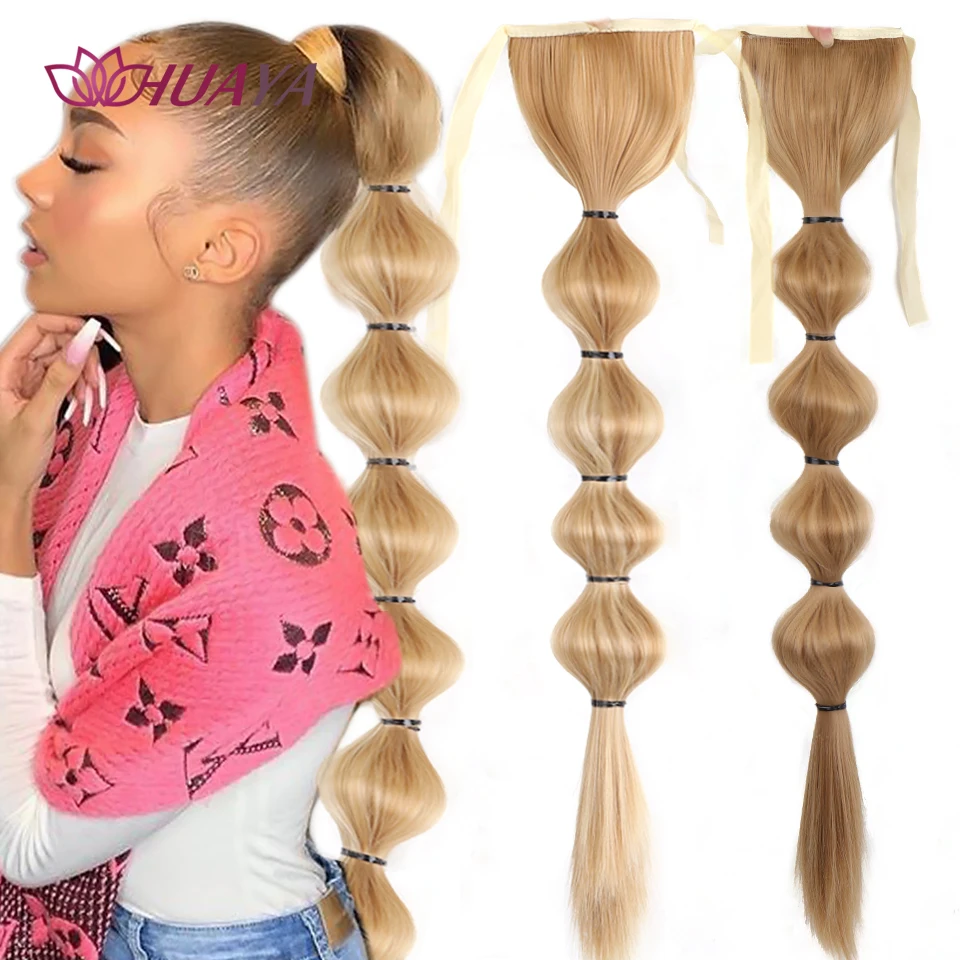 HUAYA Drawstring Long Straight Ponytail Clip In Hair Extensions Synthetic Hair Bubble Ponytail Heat Resistant Natural Fake
