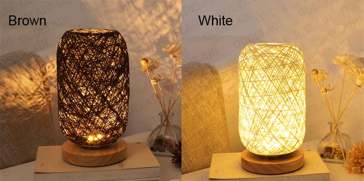 Dia 20cm Rattan Twine Ball Table Lamp Wicker Desk Light Wooden Base Decor Lamp 