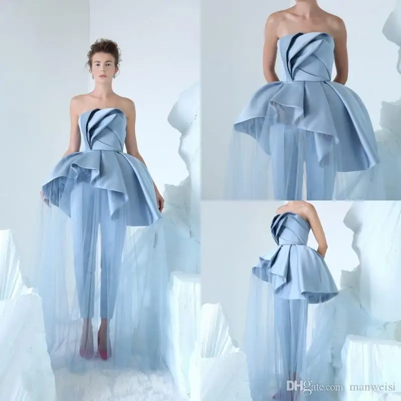 

Blue Jumpsuits Prom Dresses Simple Strapless Neck Cheap Celebrity Party Gowns Peplum Long Formal Evening Dress