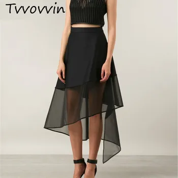

TVVOVVIN 2019 Spring Summer Woman Temperament Stylish Black High Waist Spliced Mesh Irregular Perspective Half Body Skirt C626