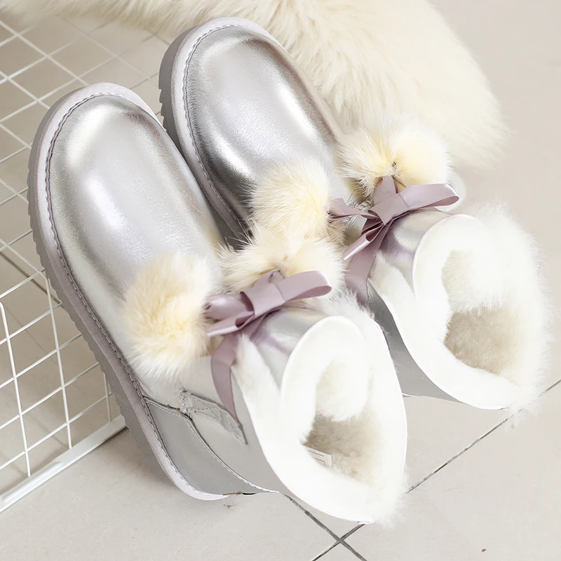 

Wool Snow Boots sheep fur boots Women Genuine Sheepskin Leather Waterproof Bow Fox Ball Ankle Boots Short Winter Shoes
