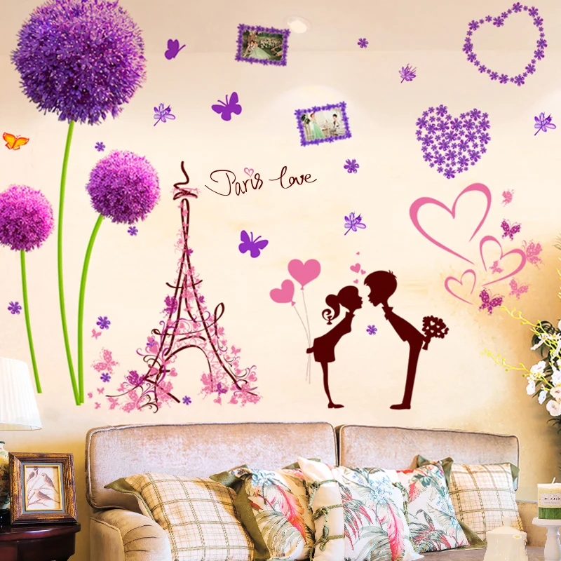 

[shijuekongjian] Paris Tower Buildings Wall Sticker DIY Dandelion Flower Mural Decals for Living Room Bedroom Wedding Decoration