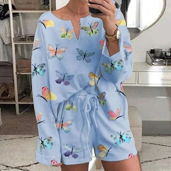 

Womens Tie Dye Printed Ruffle Short Pajamas Set Long Sleeve Tops and Shorts Set Loungewear Nightwear Sleepwear plus size