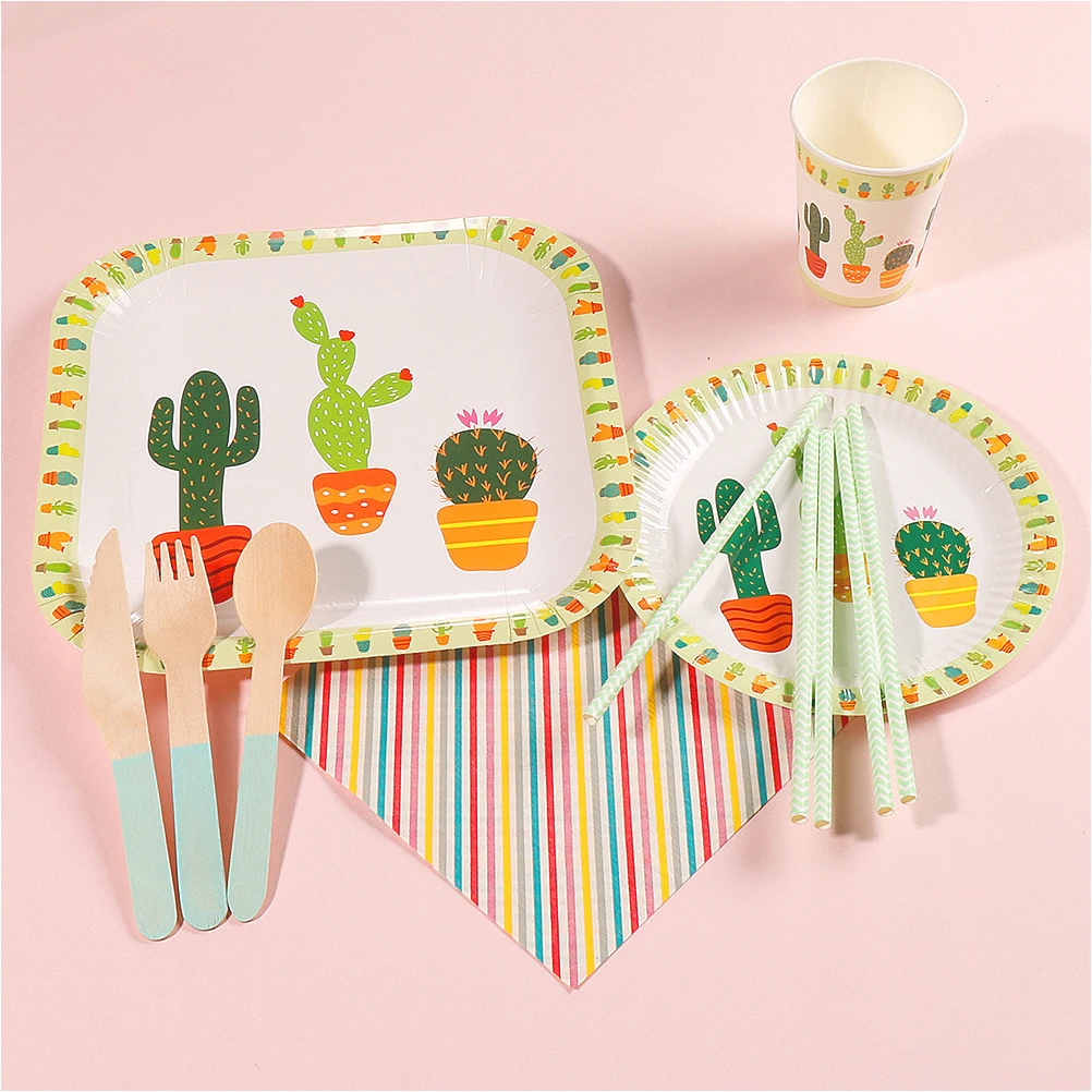 

1 Set Cactus Disposable Paper Plates Party Favors Printing Tableware Dish For Cake Disposable Tableware Set For Birthday Party