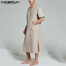 Модные мужские халаты, пижамы, чистый цвет, короткий рукав, v-образный вырез, удобная хлопковая Домашняя одежда, большие карманы, ночная рубашка, мужской Халат INCERUN