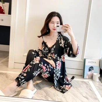 

Women Black Print Pajamas Set Sexy Lace 4PCS Sleepwear Nightwear Stain Silky Pyjamas Suit Female Robe Set Loose Home Clothes