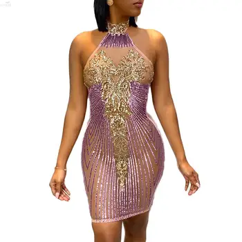 

Womens Dress Spring Mini Dress O-neck Sequin Dress Backless Sexy Club Dresses Night Party Dress Bandage Streetwear Bodycon Dress