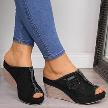 

Denim High Heel Sandals for Girl Plus Size 43 Women Platform Slippers Fashion Leisure Fish Mouth Non-slip Rubber Slippers