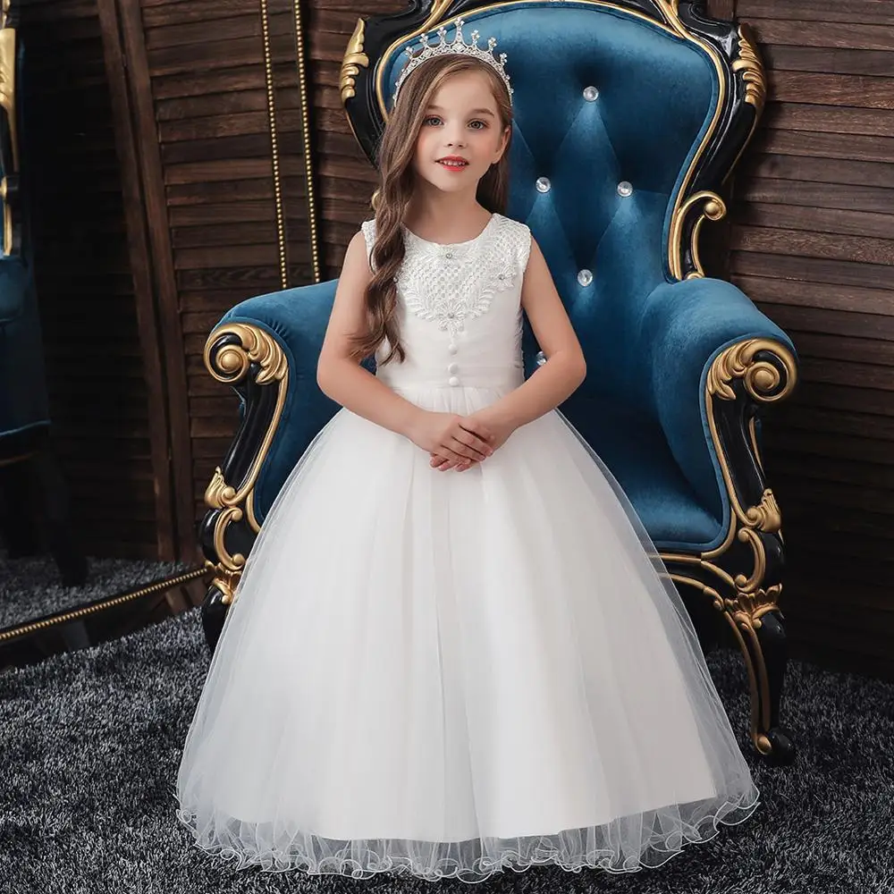 

2019 new princess dress girls white party Costume girls dresses age 3-11 Spring sleeveless dress
