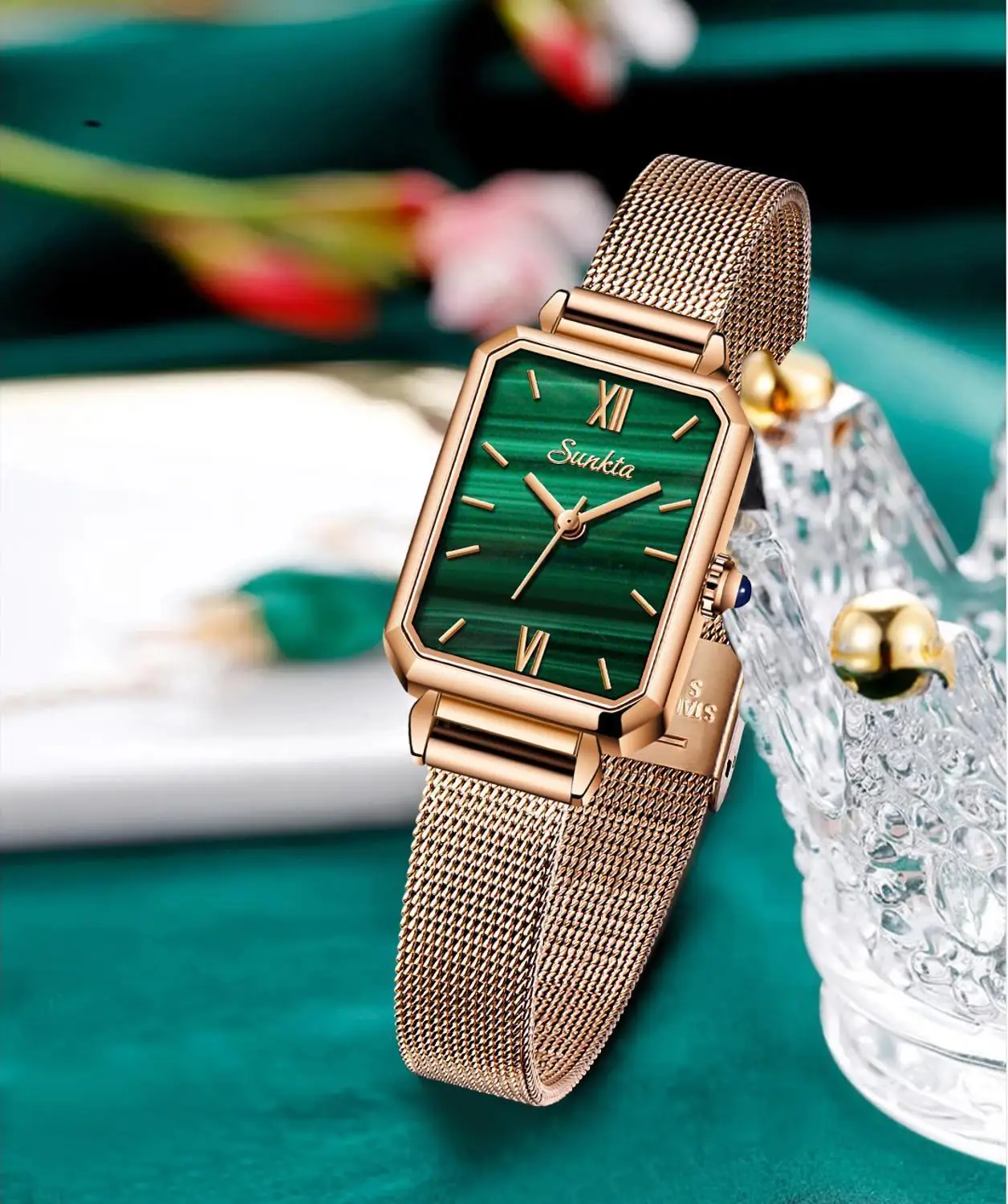 SUNKTA Watch Ladies Ultra-thin Women Watches Top Brand Luxury Fashion Rectangular Small Green Watch Waterproof Quartz Wristwatch