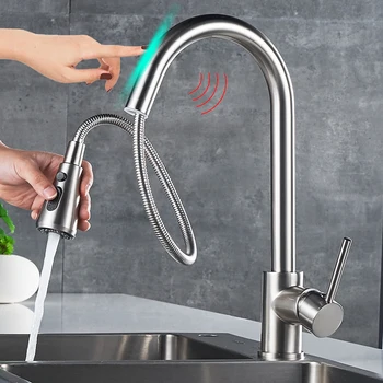 

Smart Kitchen Sink Touch Sensor Faucets Pull Out Hot Cold Mixer Crane Stainless Steel Inductive Taps Deck Mount Automatic Faucet