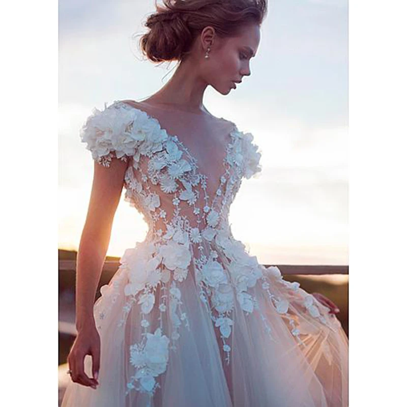 Champagne Boho Wedding Dresses luxury Sexy Backless Princess Bridal Dress Lace Appliques 3D Flowers Beach Long Wedding Gown 3
