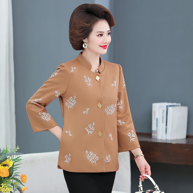 Green Khaki Red Floral Blazer Women Autumn Spring Elegant Jacket Suit Mature Woman Round Collar Cropped Sleeve Blazers Plus Size