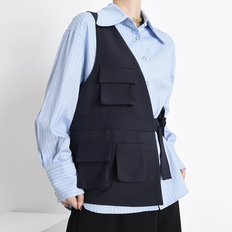 [EAM] Women Blue Striped Bandage Irregular Big