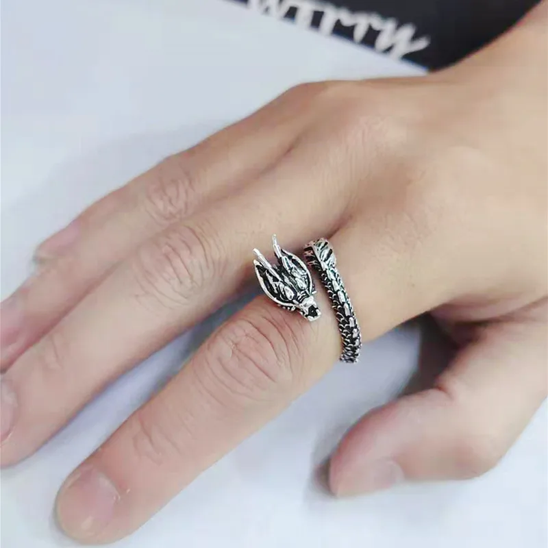 Foxanry 925 Stamp Vintage Fashion Gothic Punk Ancient Dragon Men Jewelry Opening Ring Thai Silver Boyfriend Gift Party 4
