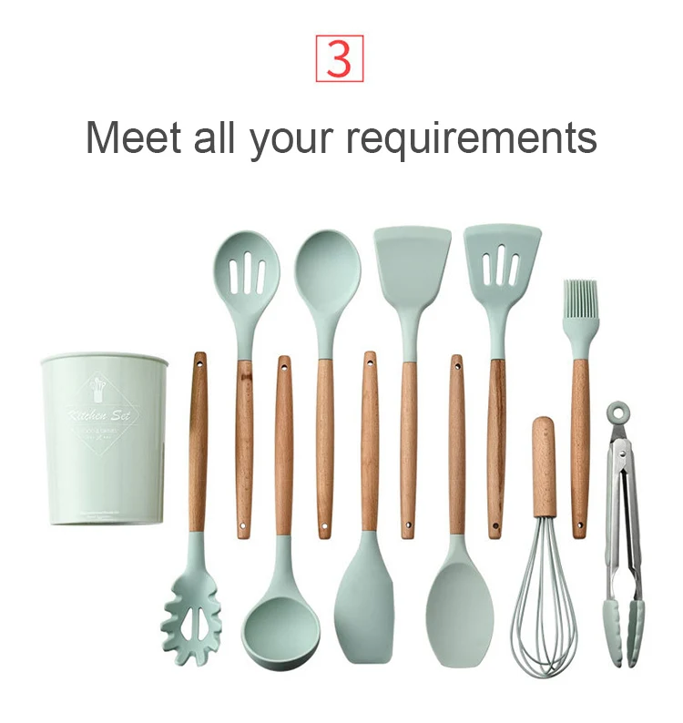 12 Pieces Natural Wooden Handles Cooking Tool BPA Free Non Toxic Silicone Turner Tongs Spatula Spoon Kitchen Gadgets Utensil Set