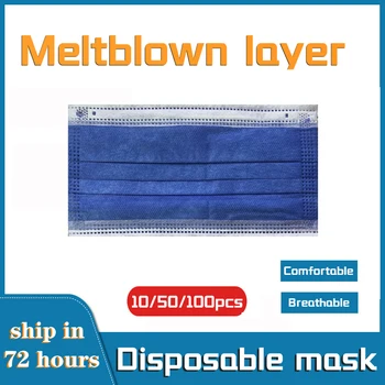 

10/50/100pcs Disposable Face Mask 3 Layers Filter Earloop Meltblown Cloth Breathable Gauze Mask Dark Blue Adult Face Mouth Masks