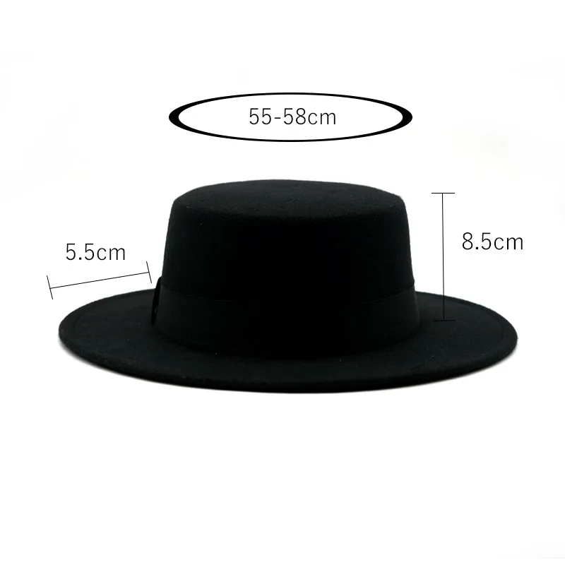 Winter Autumn Woolen Women Hat Classic Solid Color Felt Fedoras Hats Female Lady Wide Brim Flat Top Jazz Cap