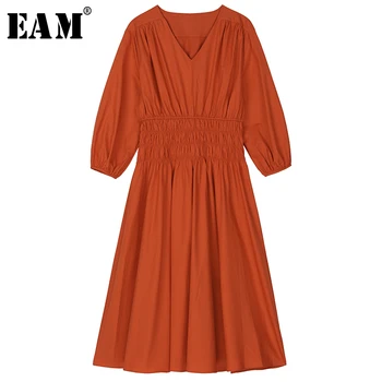 

[EAM] Women Brief Pleated Split Joint Temperament Dress New V-Neck Long Sleeve Loose Fit Fashion Tide Spring Autumn 2020 1S605