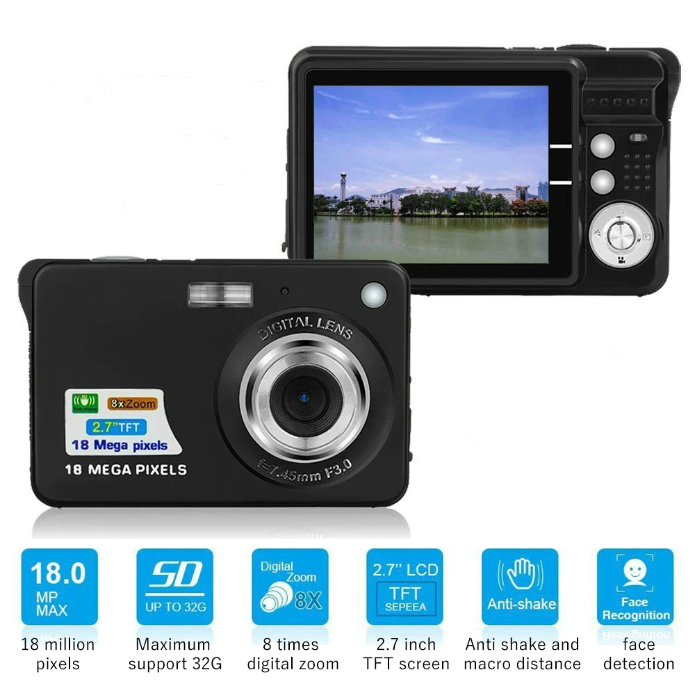 미니 디지털 카메라 손떨림 방지 사진 카메라, 8 배 줌, Tft LCD 스크린 카메라, 2.7 인치, 18mp, 720p