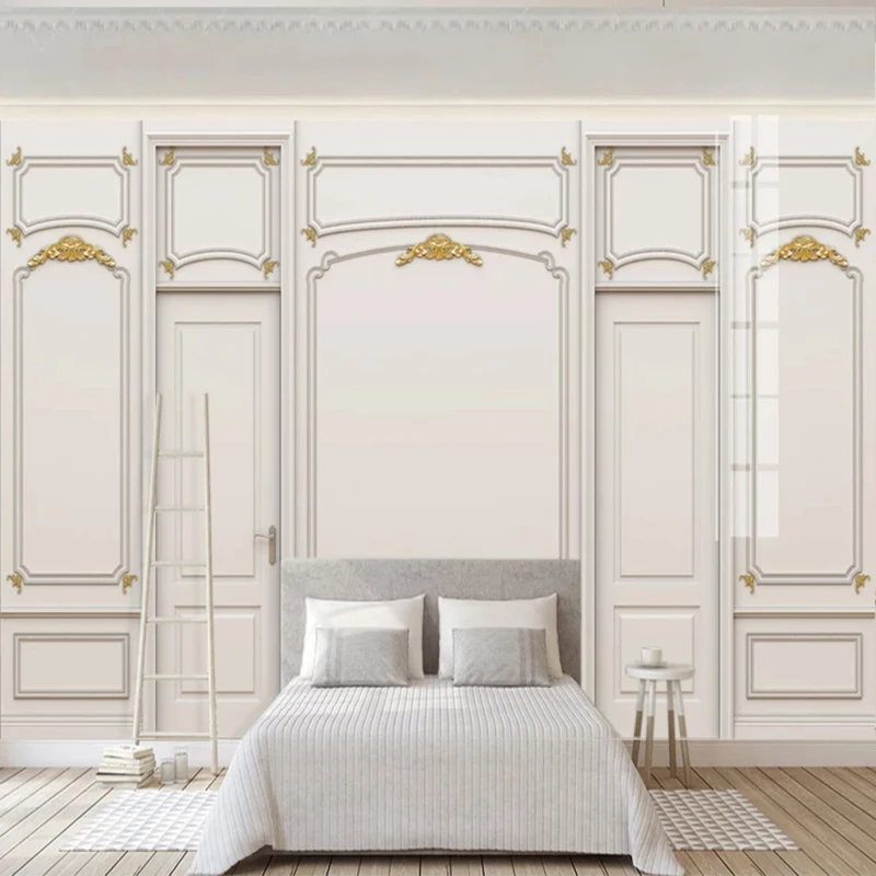 

Drop Shipping Custom Mural Wallpaper For Bedroom Walls 3D European Style Golden Plaid Door Background Wall Decoration Painting