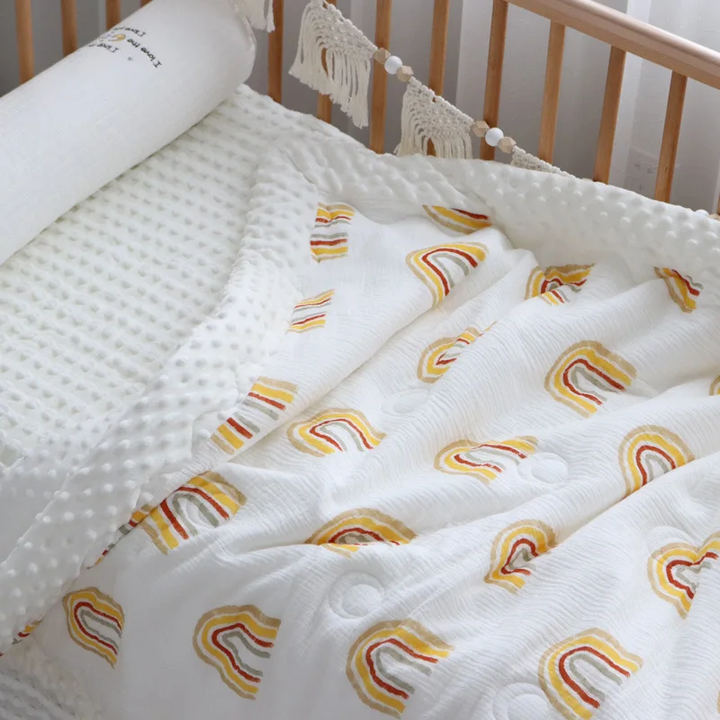Minky Dot & Cotton Baby Quilt Cotton Comforter For Newborns Rainbow 100x120cm