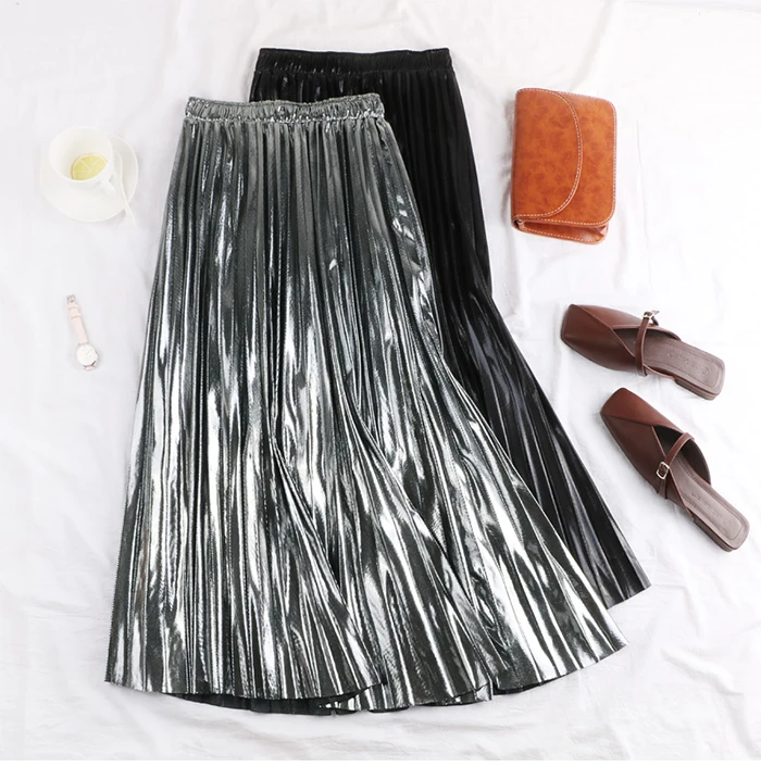 Surmiitro Silver Black And Gold Long Pleated Skirt Women Autumn Winter Korean High Waist A line Office Maxi Skirt Female