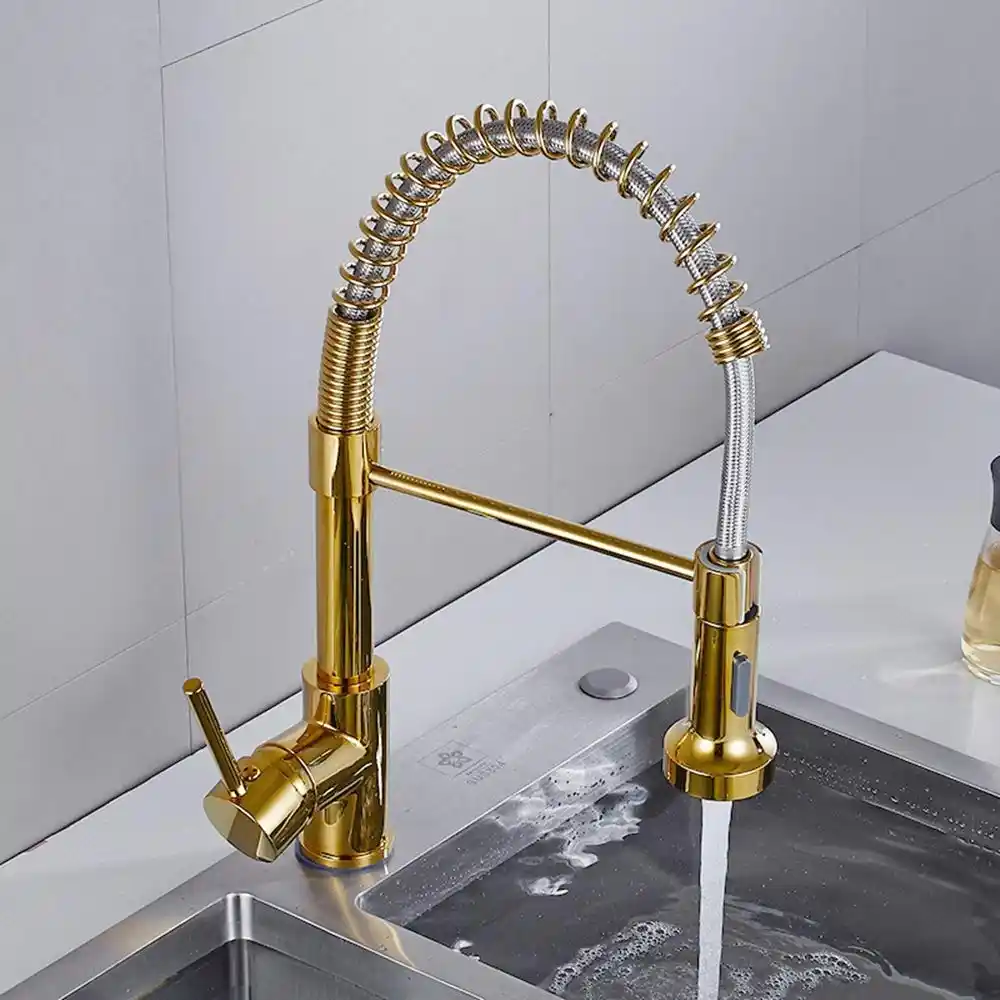 Solid Brass Kitchen Faucet Gold Polished Brass Spring Kitchen Sink Faucet Single Hand Modern Hot And Cold Water Gold Pull Out Basin Faucets Aliexpress