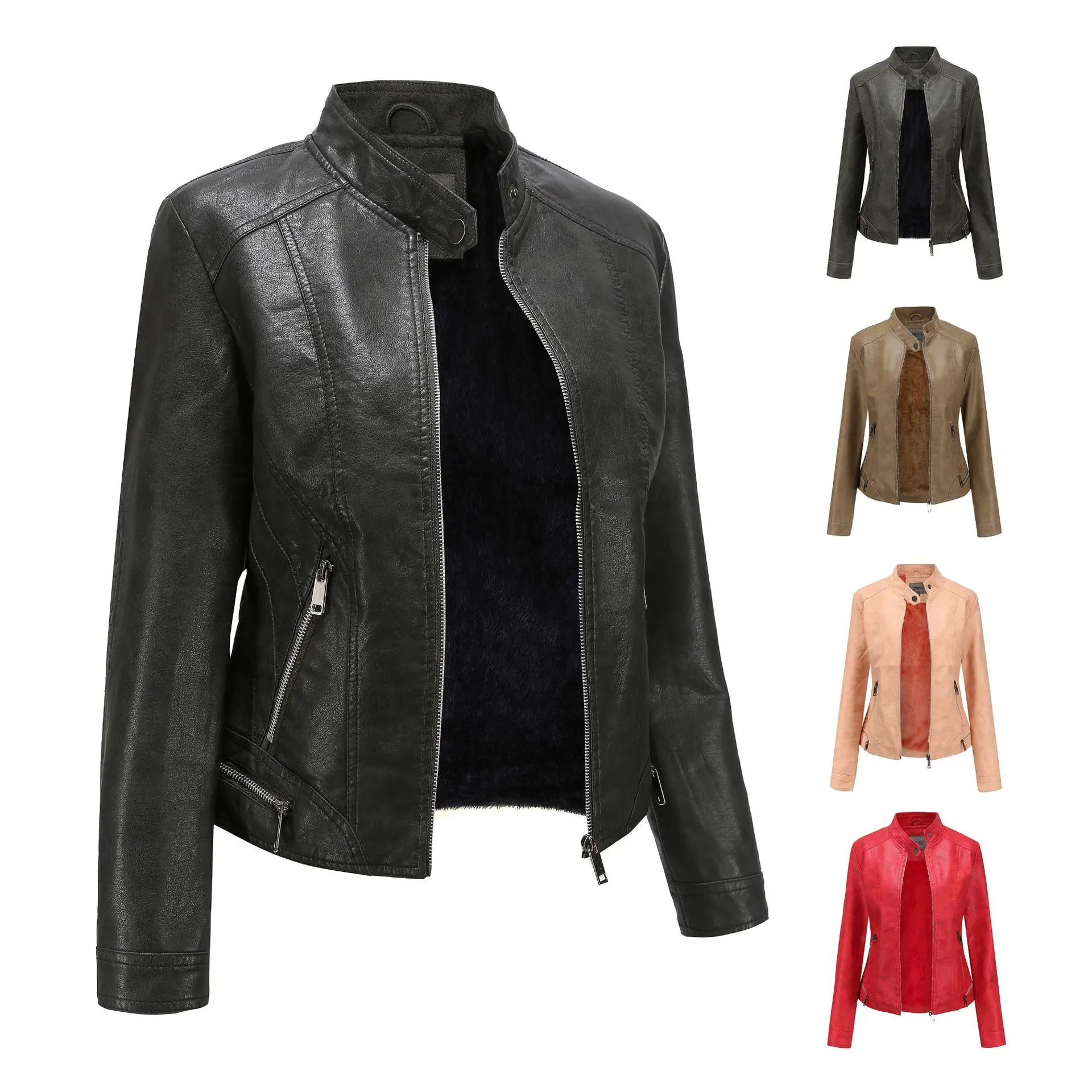 NXH vintage matte grey leather jacket women wool inner winter suede stand collar motor biker coat c