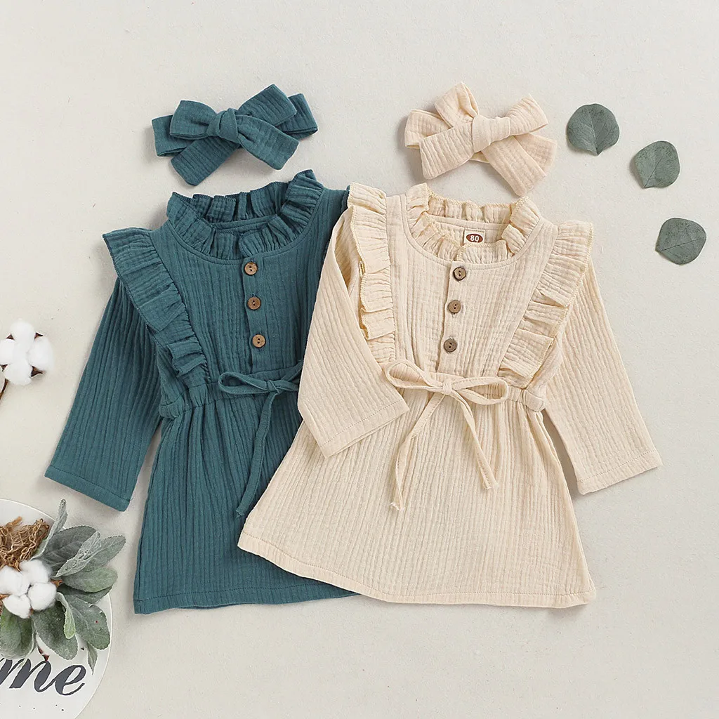 Детское однотонное платье из хлопка и льна для девочек; однотонное платье с длинными рукавами, пуговицами и рюшами; сезон весна-лето; Детские платья для девочек; платья принцессы