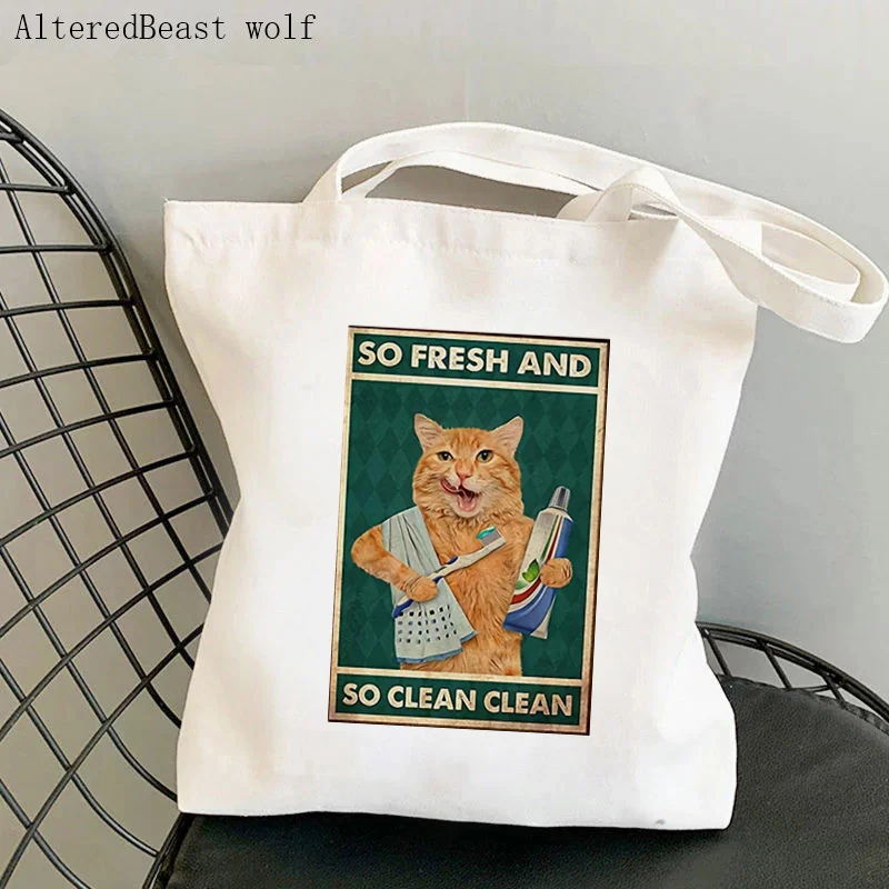 Women Shopper bag So Fresh And So Clean Clean cat Bag Harajuku Shopping Canvas Shopper Bag girl handbag Tote Shoulder Lady Bag