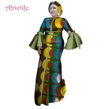 

New African Dresses Women Long Party Dress Traditional African Splice Print Wax Bazin Riche Lady Dress with Head Scarf WY4266