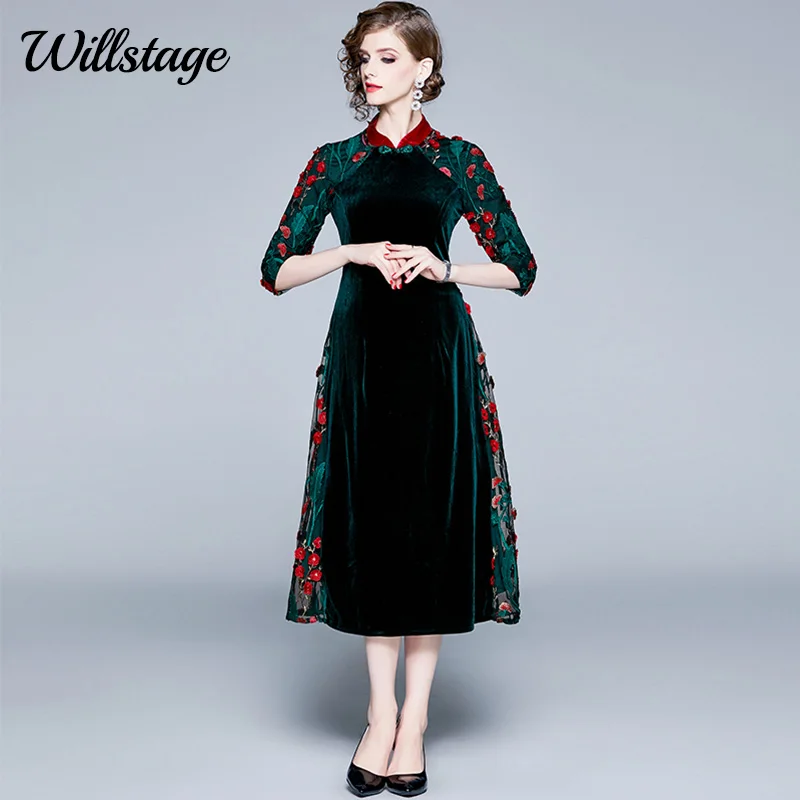 Женское бархатное платье Willstage 3XL длинное с вышивкой розы воротником на талии